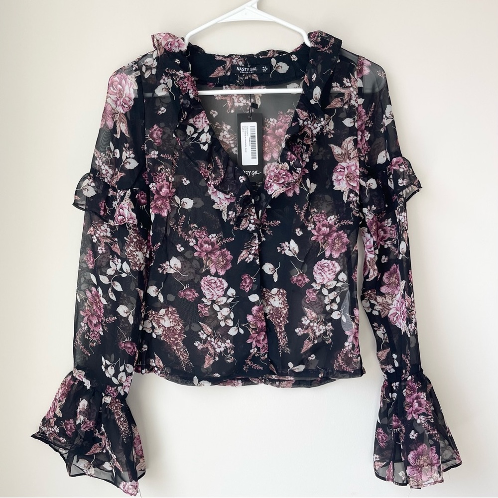 Nasty Gal Sheer Floral Ruffle Shirt